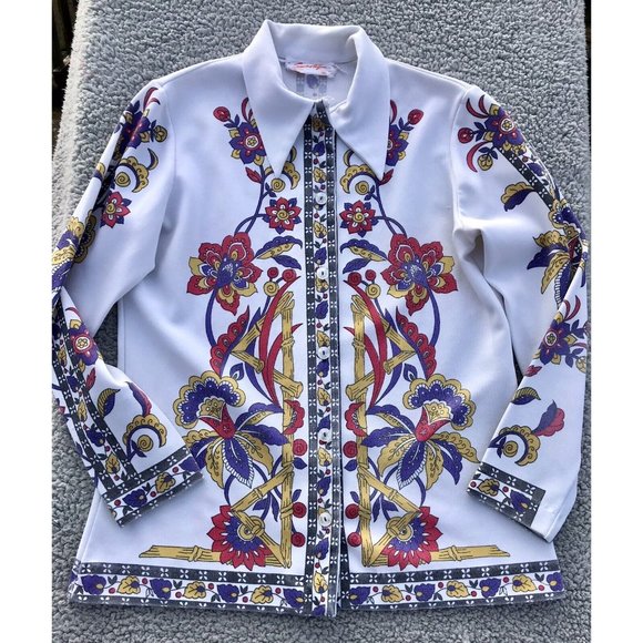 Vtg 60s Rare Smartique Polyester Mod Floral Geo Blouse Shirt 36 M Boho Disco HTF - Picture 9 of 16